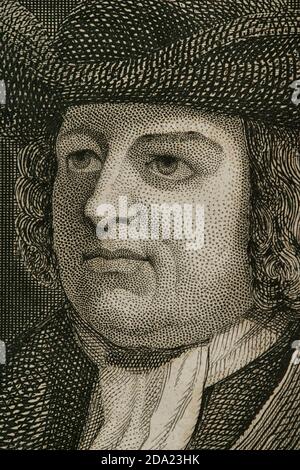 William Penn (1644-1718). Filósofo y empresario inglés. Jefe de la secta protstante de los cuáqueros, fundada en esa epoca por George Fox. Fundador de la colonia norteamericana de Pennsylvania. Fué perseguido por sus Ideas para redynamalizar el cristianismo, convirtiéndose en pregador y defensor de la causa de la libertad religiosa en Inglaterra. Retrato. Grabado. Historia de las persecuciones políticas y religiosas en Europa. Editada en Barcelona, 1864. Banque D'Images