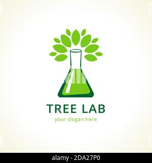 Logo Natural Lab. Feuilles vertes, arbre en forme de fiole d'essai. Tests, cosmétiques, panneau de pharmacie. Recherches scientifiques environnementales. Une vie saine Illustration de Vecteur