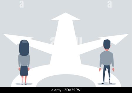 Les jeunes mariés confus se trouvent à un carrefour , devant les flèches comme symbole de choix, de cheminement de carrière ou d'opportunités, de décision de concept d'affaires Illustration de Vecteur