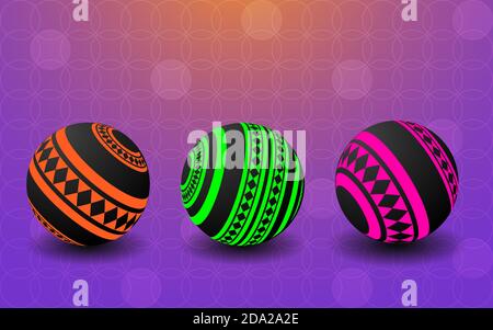 Boules noires avec un motif géométrique coloré sur un fond lumineux, orange, vert, rose. Illustration vectorielle, eps 10 Illustration de Vecteur
