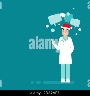 Homme médecin avec des bulles de parole et chapeau de Noël sur fond bleu. Liste des précautions d'hiver. Vérifiez vous-même. Vacances consultation médicale sur Internet. Illustration de Vecteur