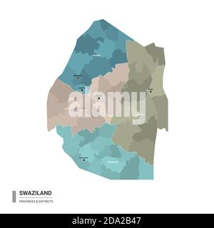 Swaziland ( eSwatini ) carte détaillée avec subdivisions. Carte administrative du Swaziland ( eSwatini ) avec le nom des quartiers et des villes, coloré par St Illustration de Vecteur