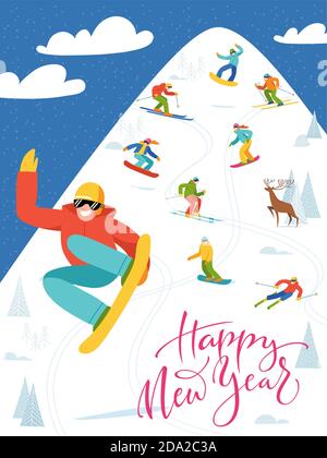 Affiche de la station de ski avec haute montagne et les gens qui font des sports d'hiver. Illustration de Vecteur