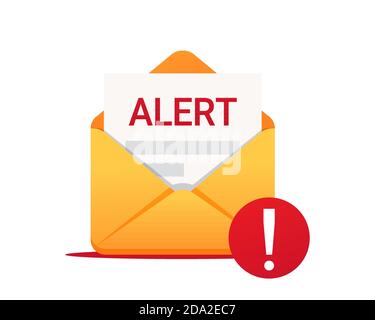 Message d'alerte par e-mail. Enveloppe avec une alerte. Icône vecteur. Virus, programmes malveillants, fraude par e-mail, courrier indésirable, escroquerie par phishing, concept d'attaque par hacker Illustration de Vecteur