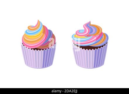 Petits gâteaux avec glaçage arc-en-ciel tournoyé. Muffins savoureux à la crème colorée. Illustration vectorielle dans un joli style de dessin animé Illustration de Vecteur