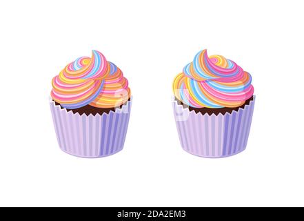 Petits gâteaux avec glaçage arc-en-ciel tournoyé. Muffins savoureux à la crème colorée. Illustration vectorielle dans un joli style de dessin animé Illustration de Vecteur