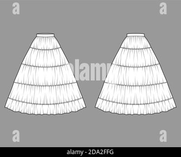 Jupons de jupe pour l'illustration technique de la mode robe avec silhouette longue au sol, plénitude circulaire. Modèle de dessous de dessous plat avant, arrière, style blanc. Femmes, maquette de CAO unisex Illustration de Vecteur