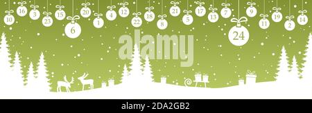 boules de noël suspendues en blanc avec des chiffres de 1 à 24 montrant le calendrier de l'avent pour noël et les concepts de l'heure d'hiver, fond vert nature avec f Illustration de Vecteur