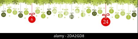 boules de noël suspendues de couleur verte avec les numéros 1 à 24 montrant le calendrier de l'avent pour les concepts de noël et d'hiver, flocons de neige sur le dessus de panora latérale Illustration de Vecteur