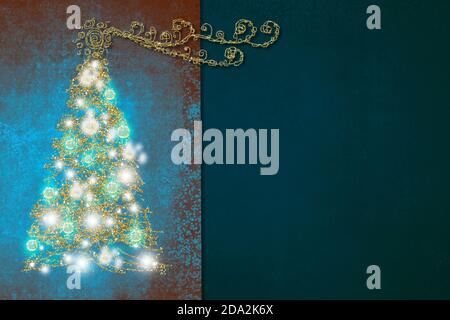 Cartes de voeux de Noël, dessin abstrait à main levée de sapin doré et d'étoile, vert foncé avec blanc pour message ou photo. Banque D'Images