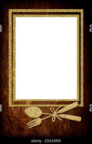 Arrière-plan pour écrire le menu de Noël ou de fête, carte d'invitation. Coutellerie or et photo vide dorée texture pailletée dessin à la main, espace copie vieux W Banque D'Images
