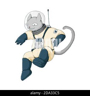 Joli chat gris jumping en combinaison avec espace. Illustration de dessin animé vectoriel. Isolé sur fond blanc. Idéal pour l'impression, le textile et le web design. Illustration de Vecteur