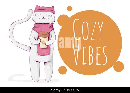 Joli chat blanc portant un foulard et un chapeau confortables et une tasse avec latte de citrouille. Texte confortable. Concept d'hiver ou d'automne confortable. Illustration de Vecteur