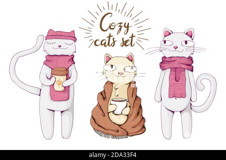 Collection de chats blancs douillets avec foulard, écossais et latte de citrouille. Ambiance chaleureuse d'automne ou d'hiver. Illustration de dessin animé vectoriel. Concept rester à la maison Illustration de Vecteur