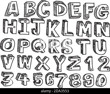 Doodles font écrits en style 3d Vector illustration isolé sur fond blanc Illustration de Vecteur