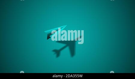 Avion en papier bleu sur fond bleu avec ombre réelle : concept de rêve, vue de dessus, espace pour le texte. Banque D'Images