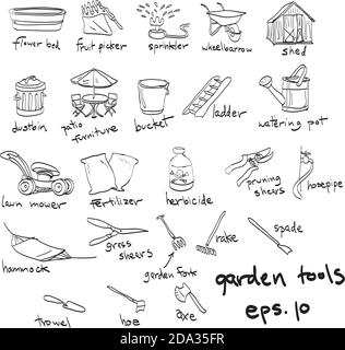 outils de jardin vectoriels dessinés à la main, gribouillages Illustration de Vecteur