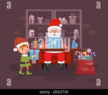 Espace de travail du Père Noël avec ordinateur portable Illustration de Vecteur