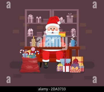 Espace de travail du Père Noël avec ordinateur portable Illustration de Vecteur