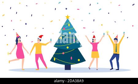 Joyeux Noël fêtant ensemble heureux. Groupe de personnages de dessin animé à Santa Hat Illustration de Vecteur