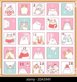 Arrière-plan carré avec calendrier de l'Avent de Noël avec de jolis chats de dessin animé. Lot de étiquettes de Noël avec chiffres pour les vacances d'hiver. Vecteur EPS8 Illustration de Vecteur