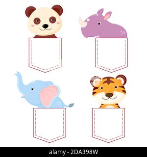 Ensemble de poche mignon personnages de dessin animé. Bébé collection d'animaux kawaii dans des poches. Imprimé piments avec tigre, panda, rhinocéros et éléphant pour t-shirt. T- Illustration de Vecteur