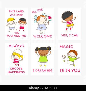 Ensemble de bannières vectorielles avec affirmations pour la salle de jeux pour enfants. Carte d'inspiration mignonne avec des garçons et des filles africains et caucasiens. Citation motivante pour g Illustration de Vecteur