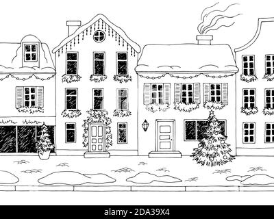 Maison de rue de Noël extérieur hiver graphique noir blanc paysage esquisse vecteur d'illustration Illustration de Vecteur