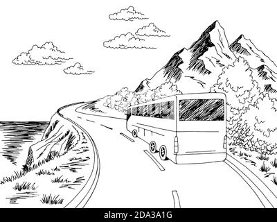 Bus voyage route graphique noir blanc paysage dessin vecteur d'illustration Illustration de Vecteur