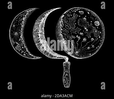 Phases de faucille et de lune. Décrottage et croissant de lune. Illustration vectorielle dessinée à la main, isolée en blanc sur noir. Imprimé t-shirt, motif tatouage en travail de lettres Illustration de Vecteur