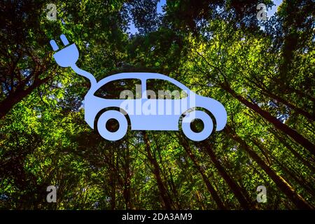 Vue dans la canopée d'une forêt combinée à la forme d'une voiture électrique, câble et prise Banque D'Images