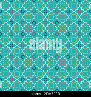 Motif de treillis traditionnel à l'huile de quatrefoil. Fond bleu turquoise avec formes de quatrefoil colorées. Illustration vectorielle de motif marocain. Un tout-en-un Illustration de Vecteur