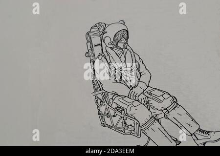 Siège d'éjection d'un avion militaire en dessin sur une feuille de papier, dessiné à la main, dans la vue de dessus Banque D'Images