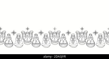 Vector mignon matrjoschka bordure de noël. Motif géométrique de Noël sans couture avec poupée russe stylisée et décoration de noël sur fond blanc. Doodle, style art de la ligne. Parfait pour le tissu, l'emballage et l'emballage-cadeau. Illustration de Vecteur