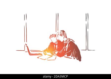 Homme d'affaires discutant du travail avec le chef de projet, les hommes en costume planifiant la stratégie d'entreprise, réunion de bureau Illustration de Vecteur