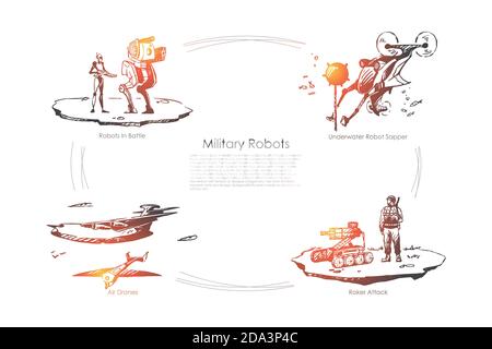 Robots militaires - robots dans la bataille, sapereur sous-marin, attaque de roket, drones de l'air vecteur ensemble de concept Illustration de Vecteur