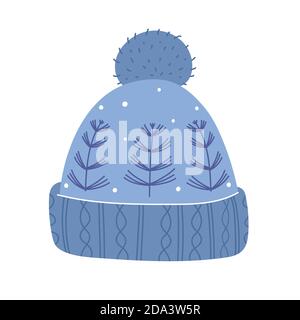 Chaud et confortable, ce chapeau d'hiver bleu est agrémenté d'un pompon et d'un motif scandinave. Des vêtements en maille chauds pour la saison froide. Illustration de Vecteur