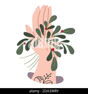 Art. Mistletoe pousse de la main.Meet-moi sous le mistletoe.Illustration pour le livre des enfants.illustration simple. Affiche mignonne. Style scandinave . Illustration de Vecteur