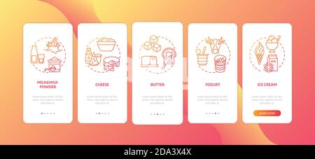 Écran de la page d'application mobile Red Onboarding pour les produits laitiers avec des concepts Illustration de Vecteur