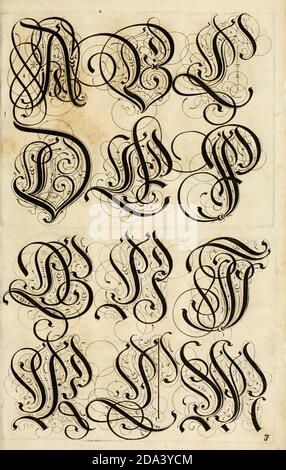 Lettre et ornements de 1655, Calligraphie, design, encre, pinceau, écriture Banque D'Images