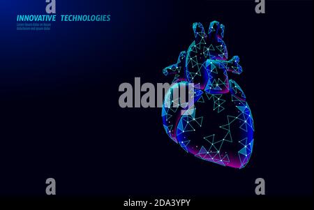 Cœur sain bat 3d médecine faible poly concept. Triangle rouge pharmacie arrière-plan. Forme brillante reconstruction moderne de récupération du coeur Illustration de Vecteur