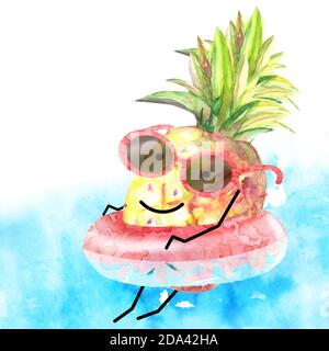 ananas dans des lunettes de soleil se détendre dans l'anneau en caoutchouc dans la piscine Banque D'Images