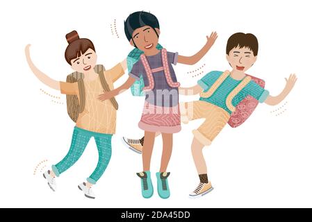 Groupe d'amis de saut. Illustration vectorielle. Portrait des adolescents souriants et des filles ou des amis de l'école. Garçons isolés sur blanc. Illustration de Vecteur