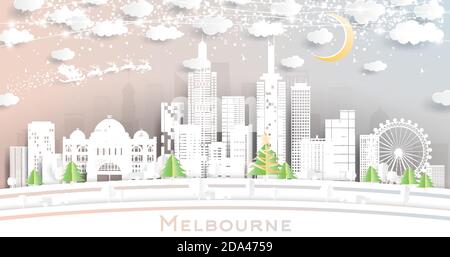 Melbourne Australia City Skyline en papier coupé avec flocons de neige, lune et Neon Garland. Illustration vectorielle. Concept Noël et nouvel an. Illustration de Vecteur