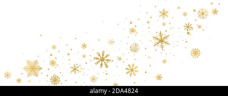 Célébration longue bannière. Bordure en forme de vague de flocons de neige dorés. Flocons de neige dorés scintillants et neige avec étoiles sur fond blanc. Joyeux Noël et Illustration de Vecteur