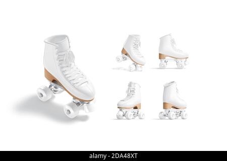 Patins blancs à roulettes vides avec maquette de roues, vues différentes Banque D'Images