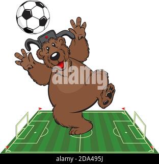 Le gardien de but d'ours brun en casquette avec rabats est attrapé un ballon de football dans un stade de football Illustration de Vecteur