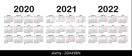 Calendrier 2020, 2021 et 2022 modèle. Début de la semaine lundi. Calendrier en noir et blanc, vacances en rouge. Vecteur Illustration de Vecteur