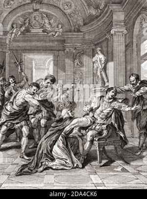 Assassinat du roi Henri III de France en août 1589 par Jacques Clément. Henri III, roi de France, 1551 - 1589. Après une illustration du XVIIIe siècle par Jean-François de Troy. Banque D'Images
