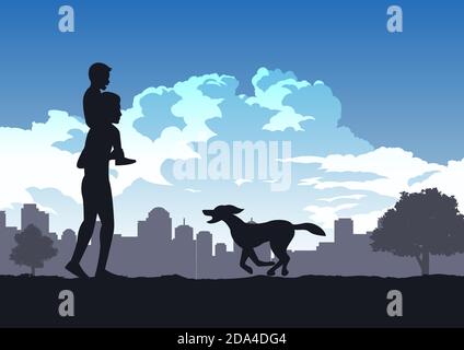 les garçons s'assoient sur l'épaule de son père pendant que le chien courir à venir, vecteur illustration Illustration de Vecteur